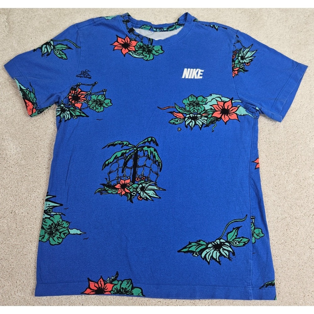 Nike T-Shirt Mens Small Royal Blue Floral Aloha Allover Short Sleeve Sports Tee